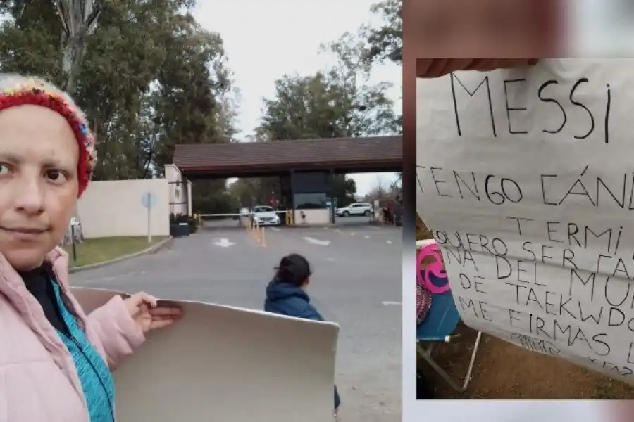 Mariela, frente al country de Messi con el cartel.
