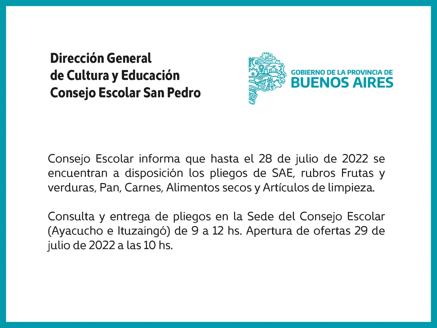 [Publicación Oficial] Consejo Escolar San Pedro: Pliegos de SAE a disposición