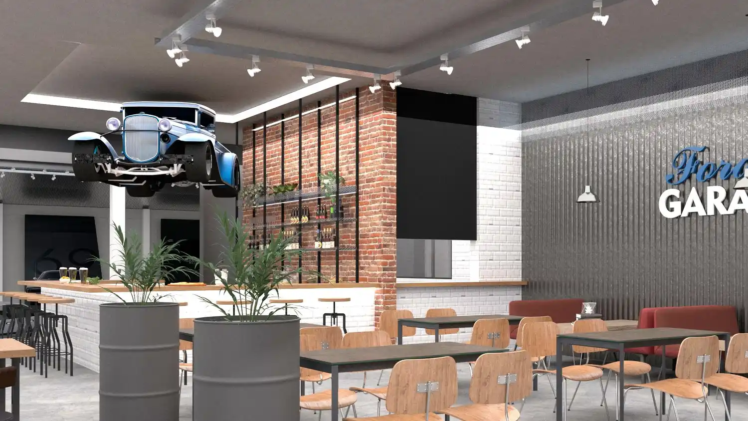 Bar del museo don roberto. Auto suspendido. Render