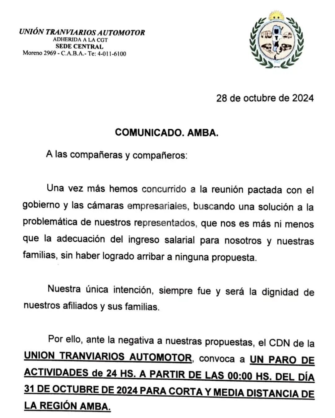 comunicado UTA paro 31/10