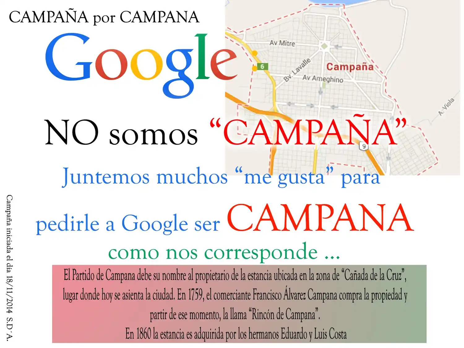 "Campaña por Campana": Vecinos piden que Google escriba correctamente el nombre del distrito