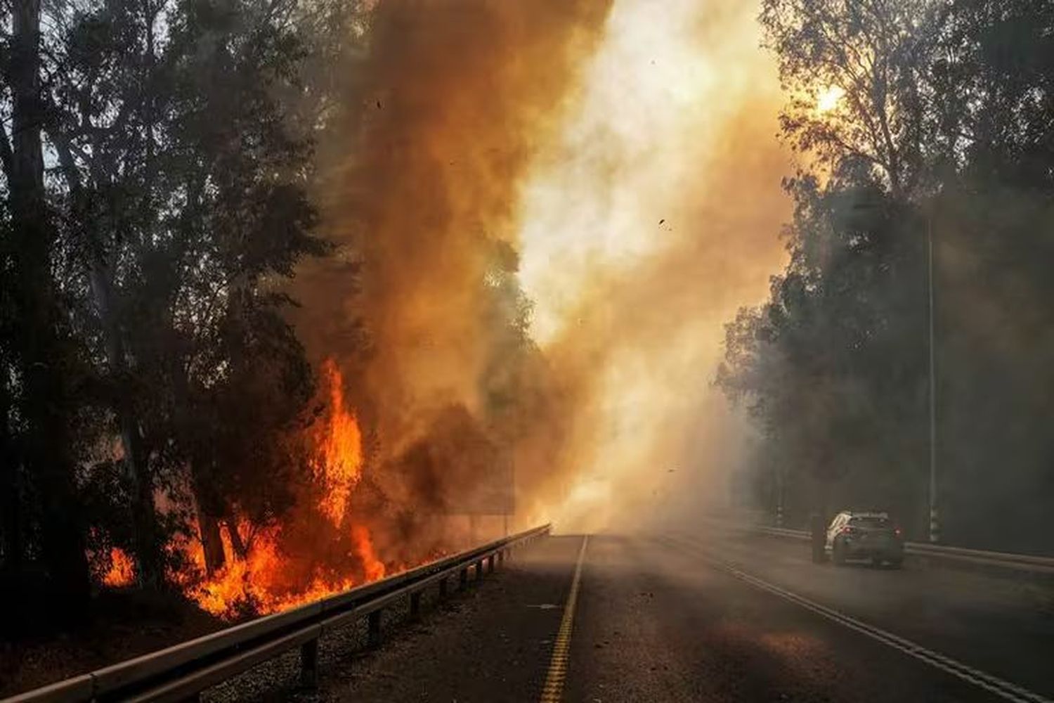 Llamas al borde de una carretera, en medio de las hostilidades transfronterizas entre Hezbollah y las fuerzas israelíes, cerca de la frontera de Israel con Líbano