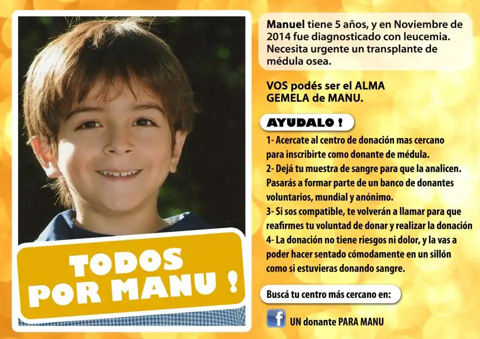 Campaña para encontrar donante de médula para Manu