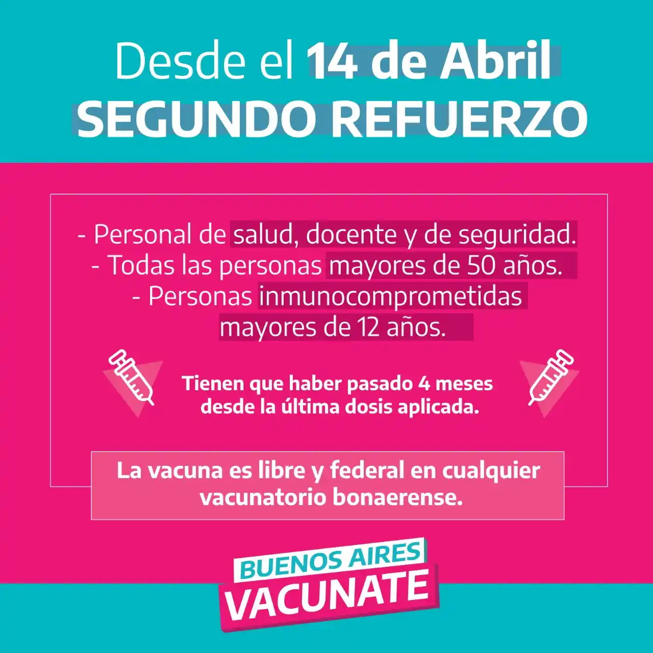 Cuarta dosis libre para personal esencial y grupos de riesgo