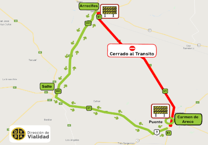 Corte en Ruta 51: Cerrada al tránsito entre Arrecifes y Carmen de Areco