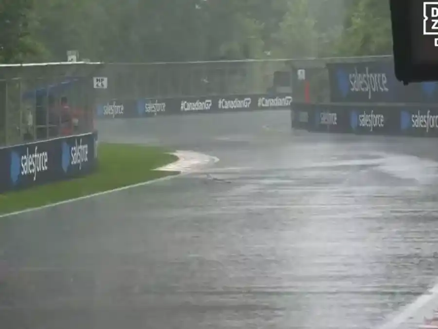 Lluvia torrencial sobre la pista del Gilles Villeneuve en el Gran Premio de 2023. Foto: DAZN