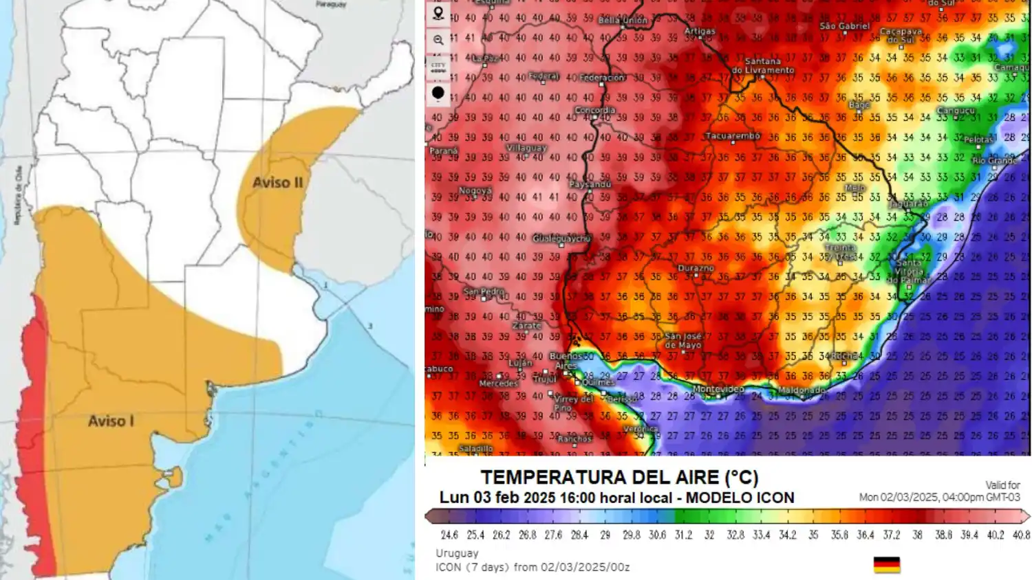 Izquierda: alerta por incendios. Derecha: modelo ICON sobre la temperatura máxima del 3 de febrero, publicado por el meteorólogo Mario Bidegain.