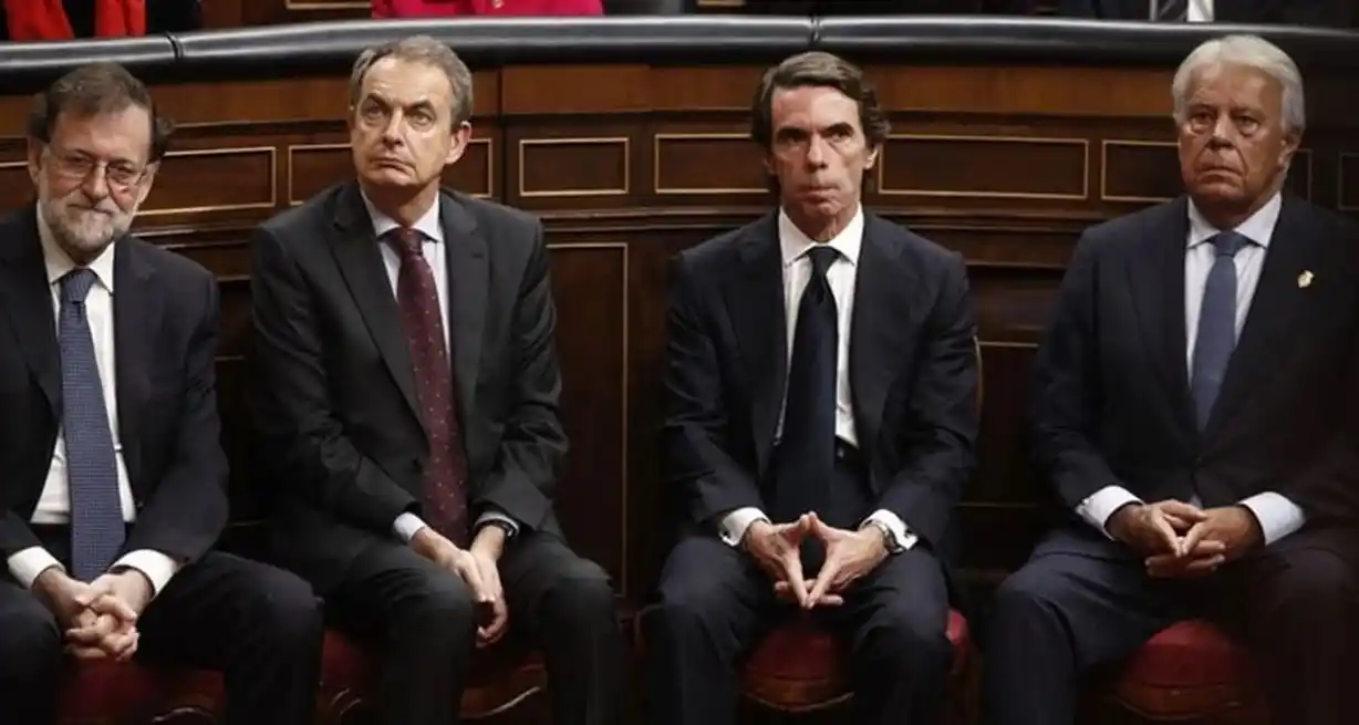 Alternancia en España. De izquierda a derecha: Mariano Rajoy (PP), José Luis Rodríguez Zapatero (PSOE), José María Aznar (PP) y Felipe González (PSOE). Gentileza