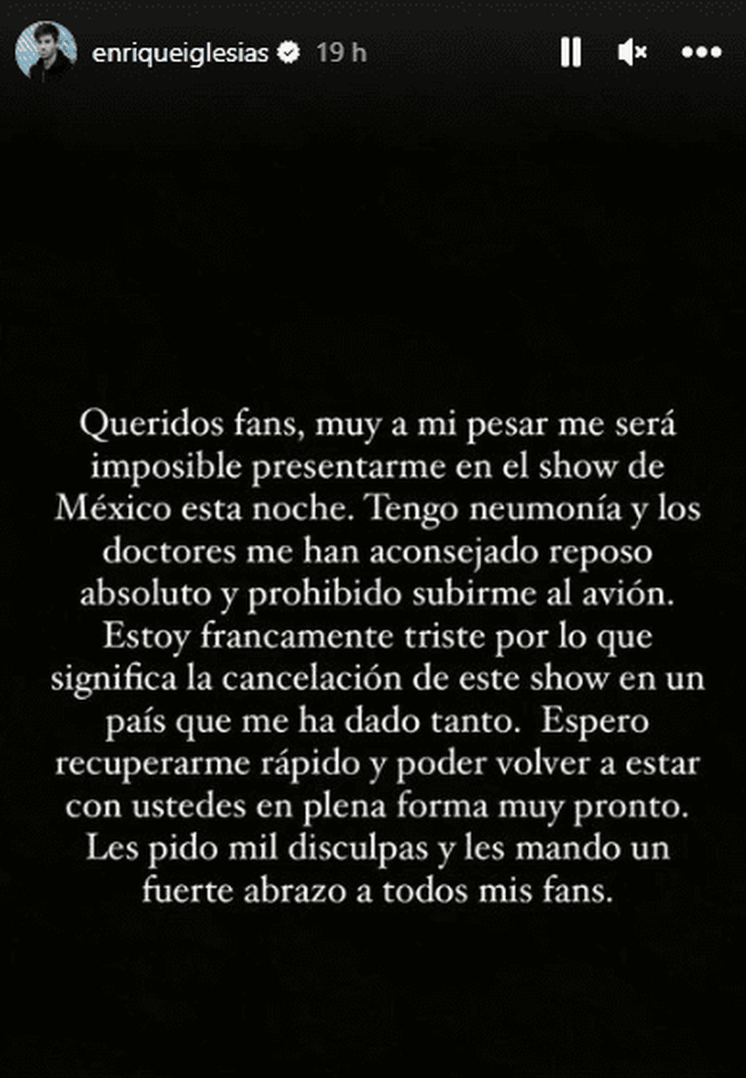 El comunicado de Enrique Iglesias sobre su salud. Foto Instagram