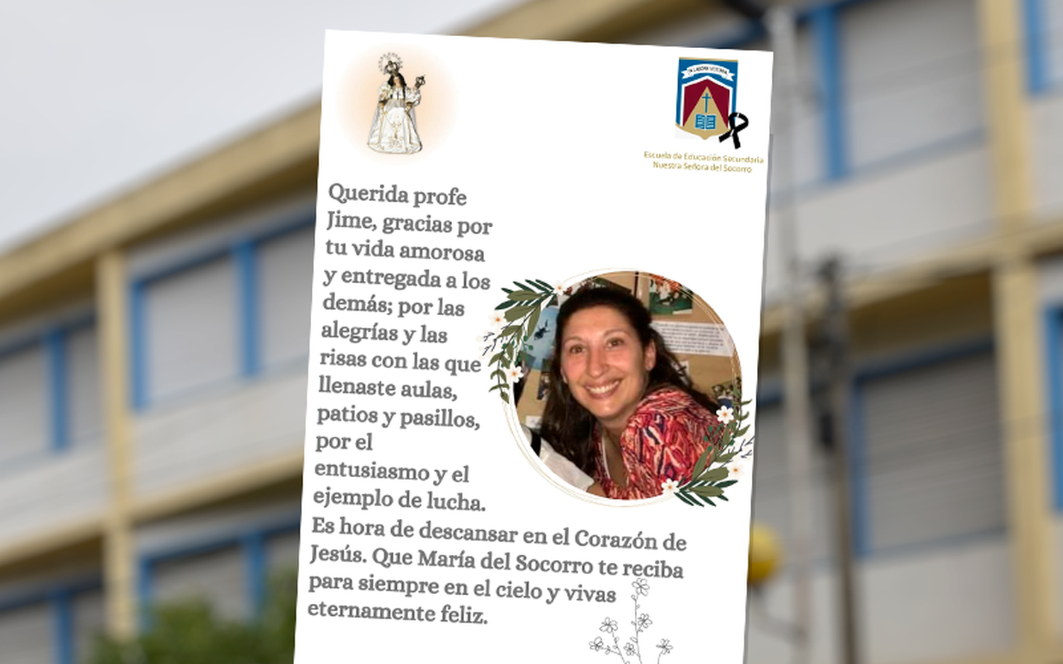 Duelo: no habrá clases en el colegio Socorro este lunes por el fallecimiento de la docente Jimena Prina