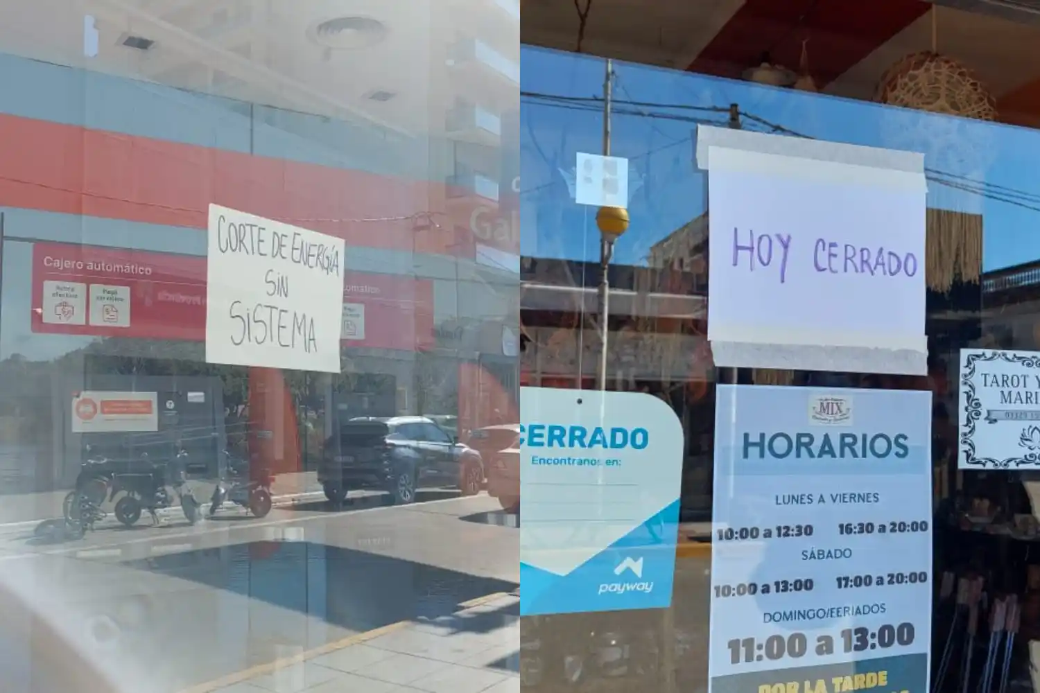 Los carteles en bancos y comercios cerrados en el centro.