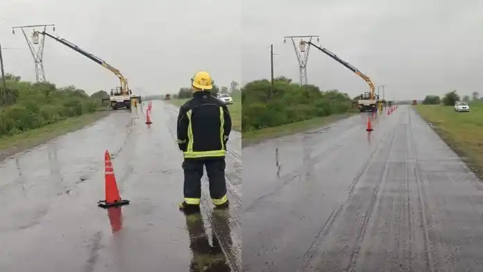 Por el temporal, cayó un cable de alta tensión en una ruta entrerriana