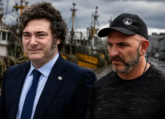 Imagen desarrollada con IA. Milei junto a Agliano en el puerto marplatense.