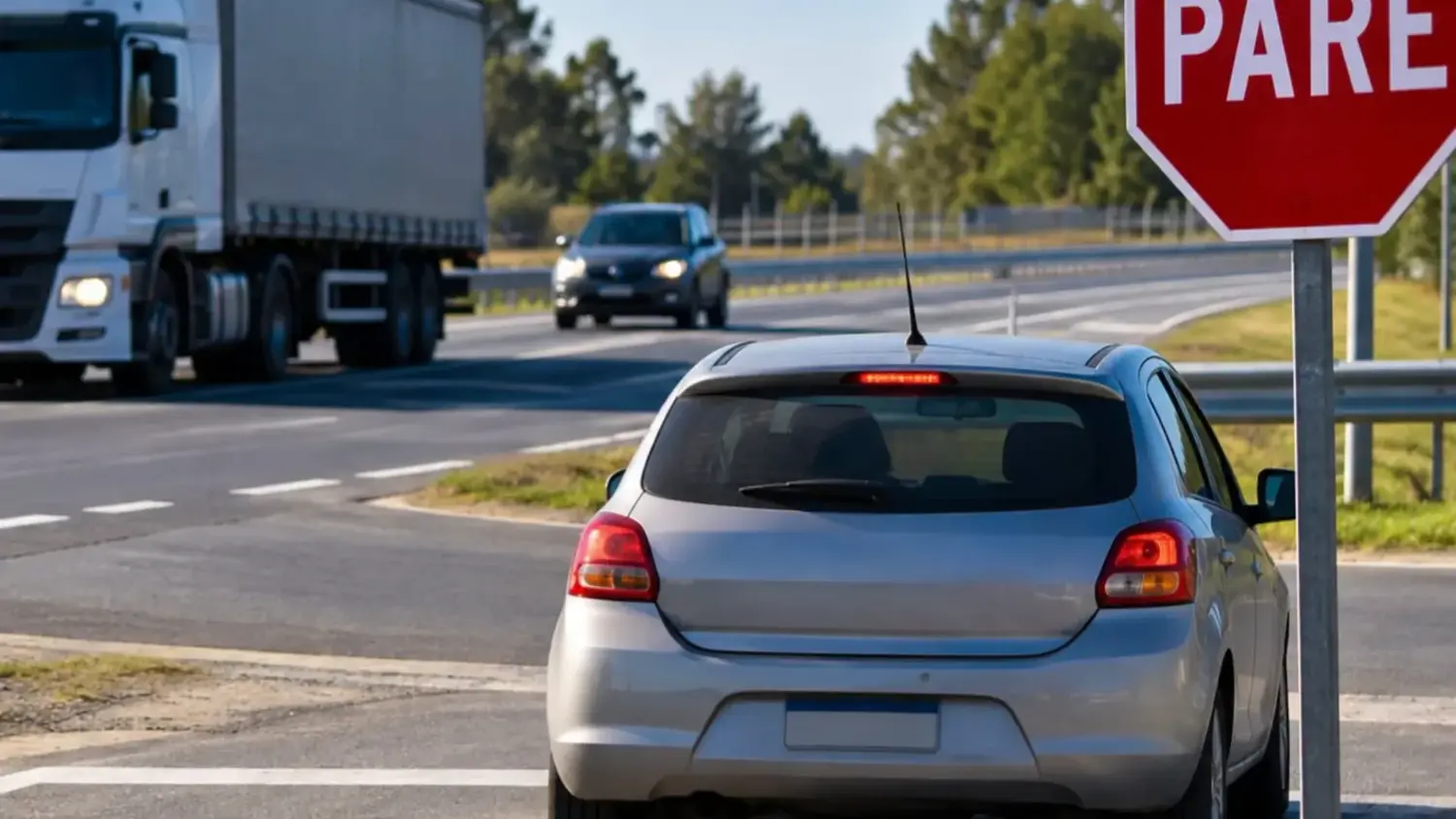 Un auto se detiene ante una señal de PARE.
