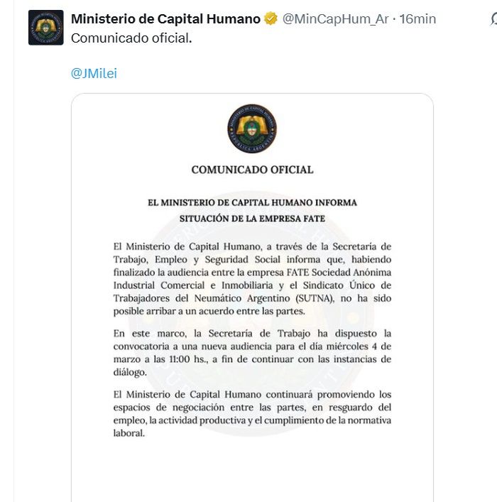 El Gobierno informó este lunes que no hubo acuerdo en la audiencia por el conflicto de FATE entre la empresa y el gremio SUTNA