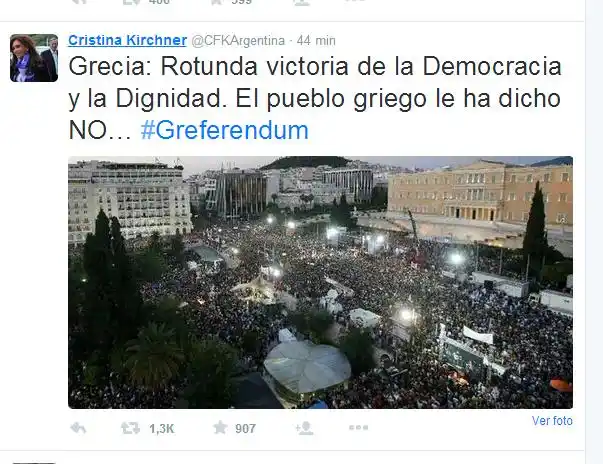 Cristina celebró el triunfo del No en Grecia y recordó a Néstor Kirchner