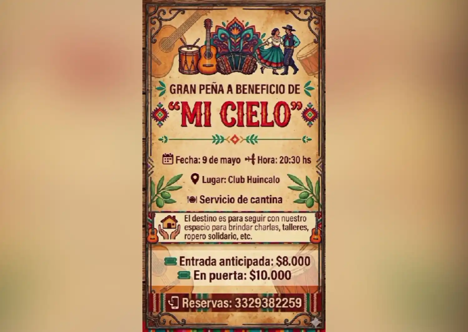 Organizan peña en el club Huincaló a beneficio de la fundación Mi Cielo