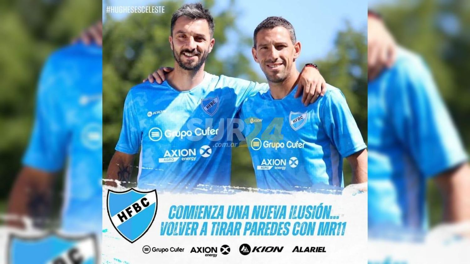 Nacho Scocco y Maxi Rodríguez posaron con la casaca de Hughes