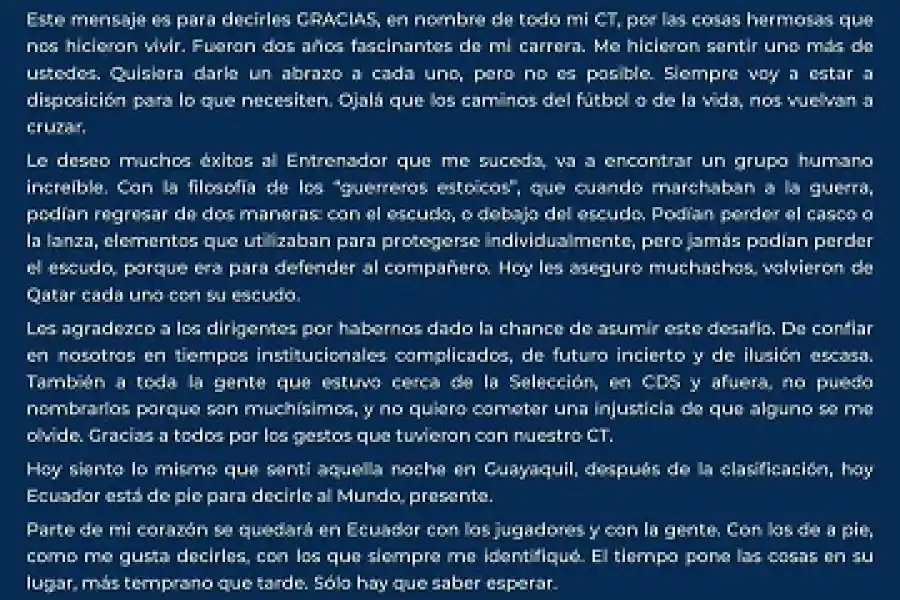 La carta de despedida completa de Gustavo Alfaro Parte 2