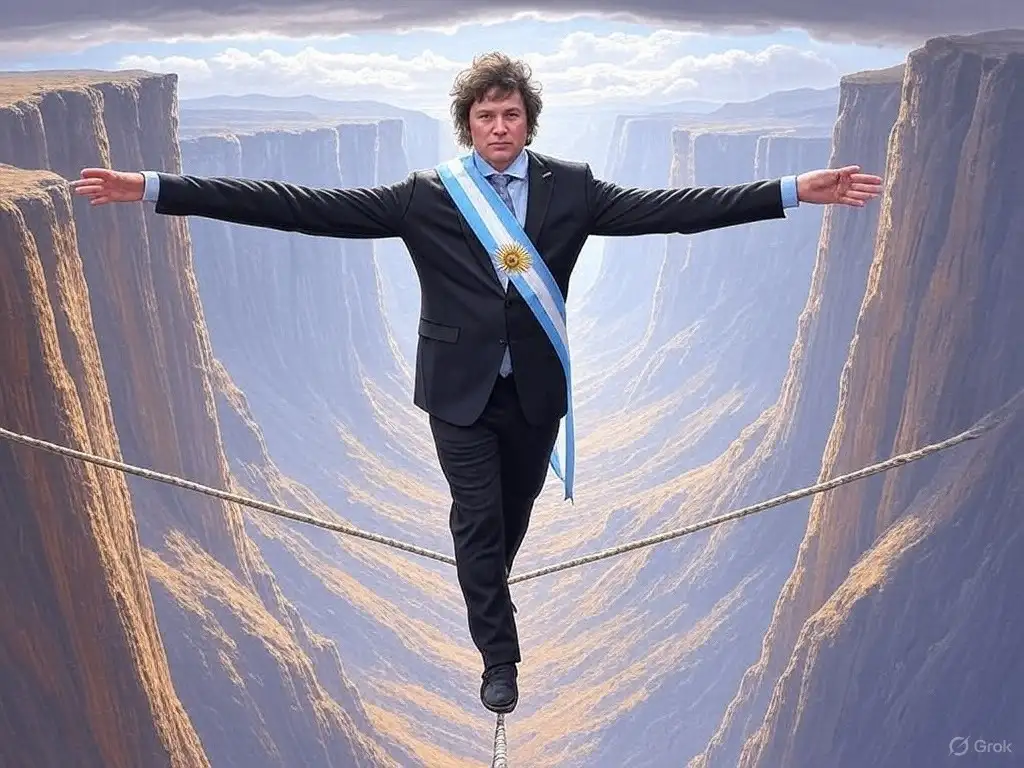 Equilibrio. El gobierno de Milei enfrenta varios desafíos. Imagen generada por IA.