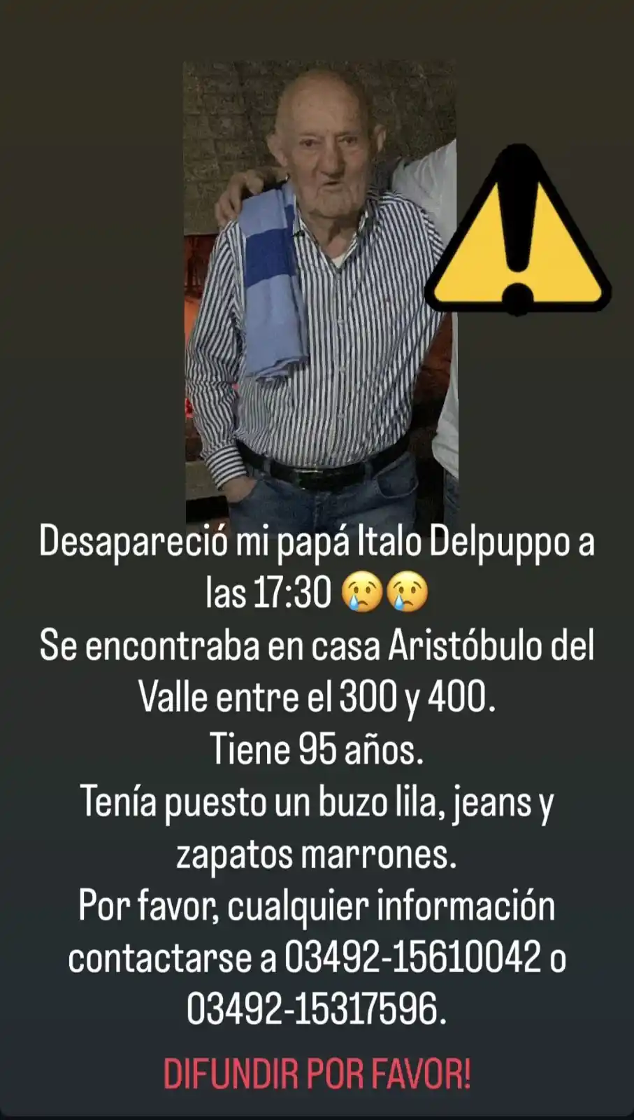 Buscan a Ítalo Américo Delpuppo, de 95 años, desaparecido en Rafaela. Padece Alzheimer
