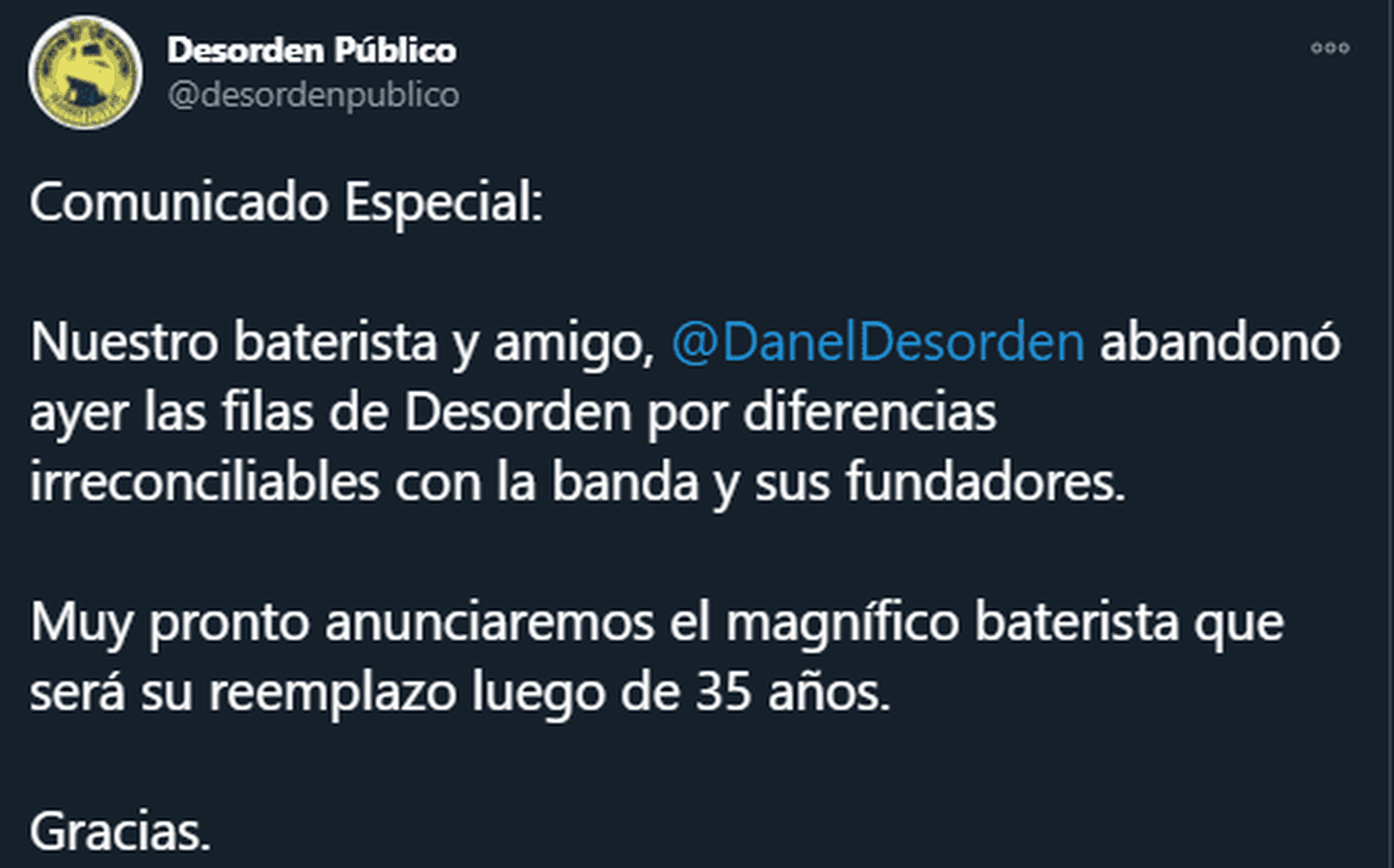El mensaje de Desorden Público para jugarle una broma a sus fanáticos. Foto: Twitter