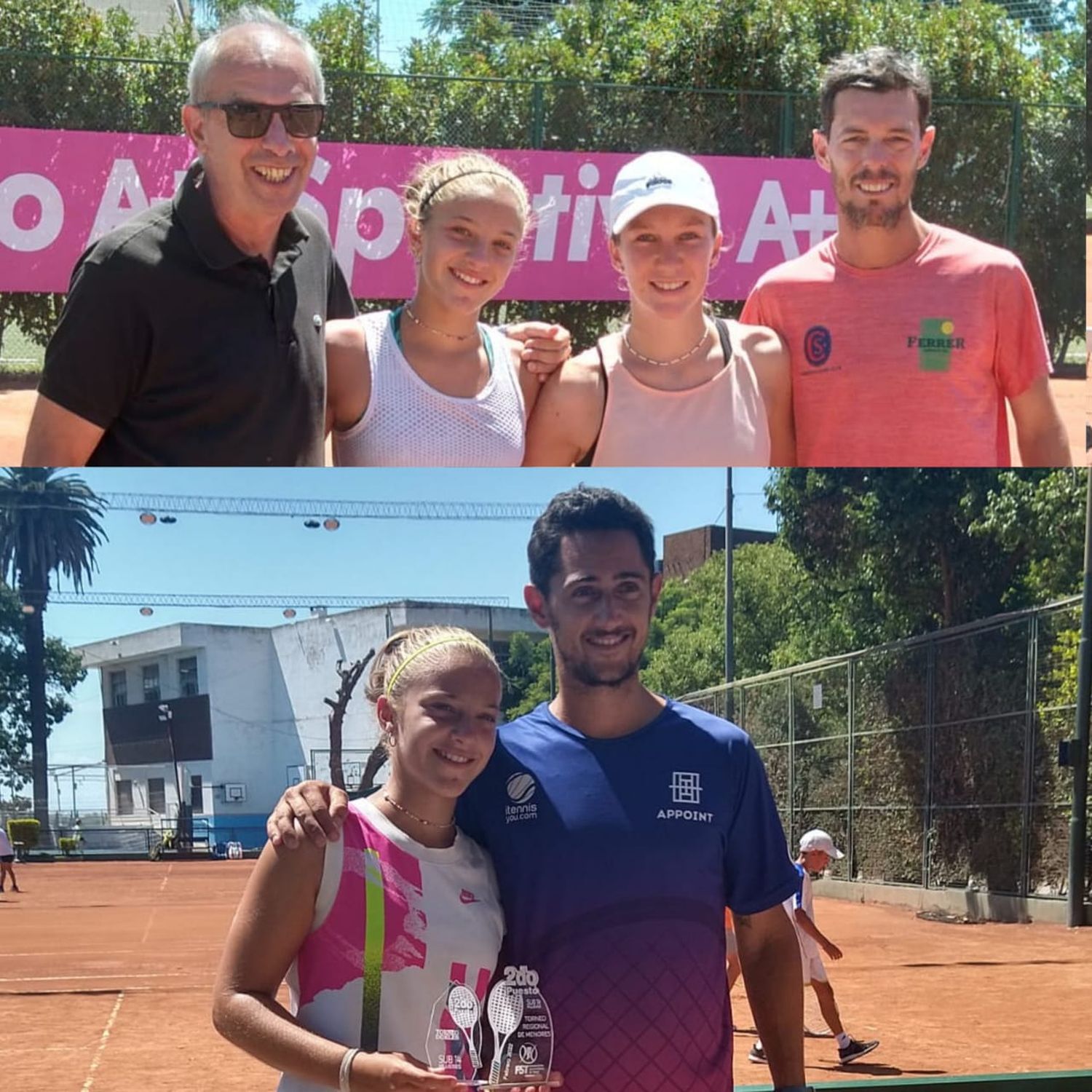 En la gráfica la podemos ver a Josefina López (arriba) junto con el Presidente de la Federación Santafesina de Tenis, Jorge Capella, con Valentina Ascheri y Mauro Ferrer, organizador del Torneo de Primera Libre jugado en el club Sorrento y (abajo) junto con uno de sus entrenadores y amigo Alejo Apud en el Club de Regatas Rosario.