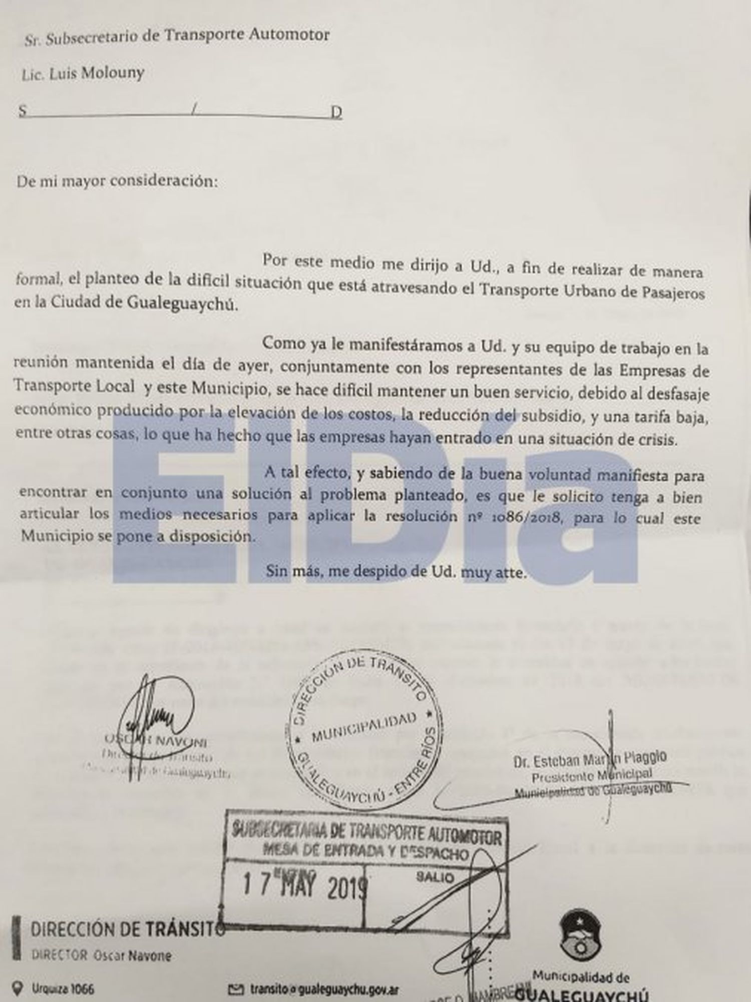 Pedido del Municipio para que se aplique la Resolución Nº 1086 