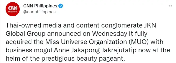 La información que confirmó la venta del Miss Universo. Foto Twitter
