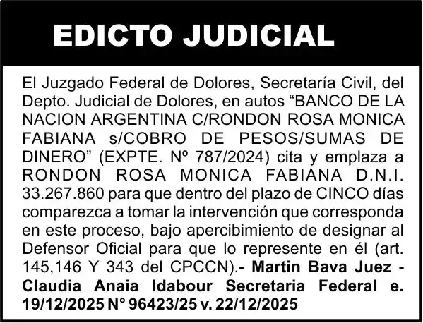 BANCO DE LA NACION ARGENTINA C/RONDON ROSA MONICA FABIANA