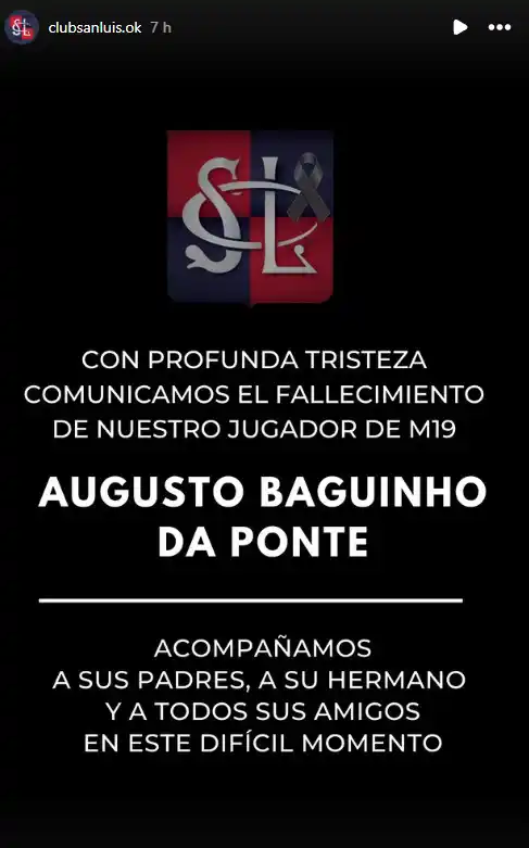 El mensaje publicado en las historias de Instagram de Club San Luis La Plata.