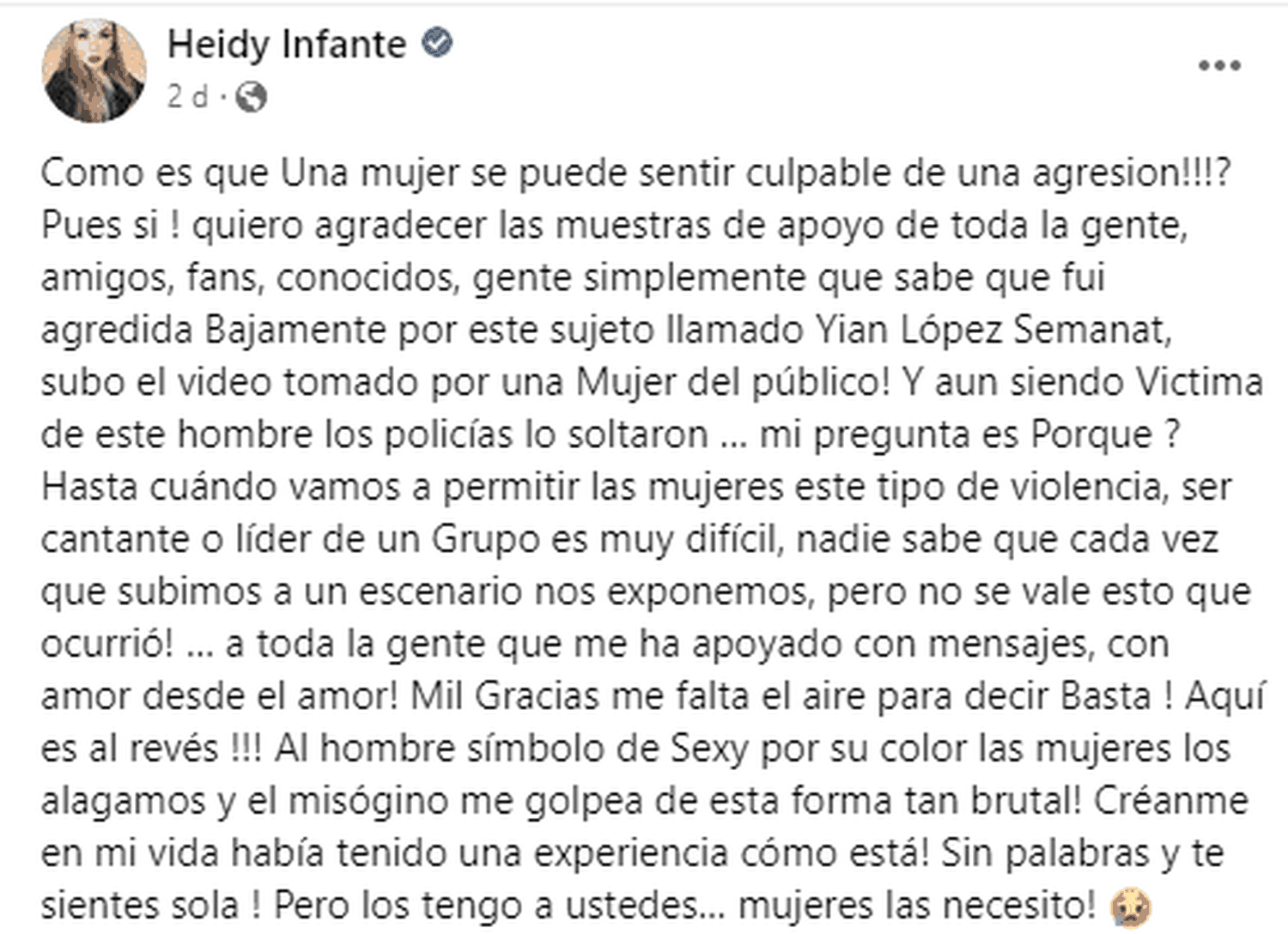 Heidy Infante publicó su comunicado en su cuenta de Facebook.
