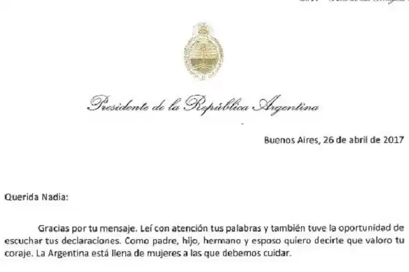 Macri le respondió la carta a Nadia, la primera víctima de Wagner