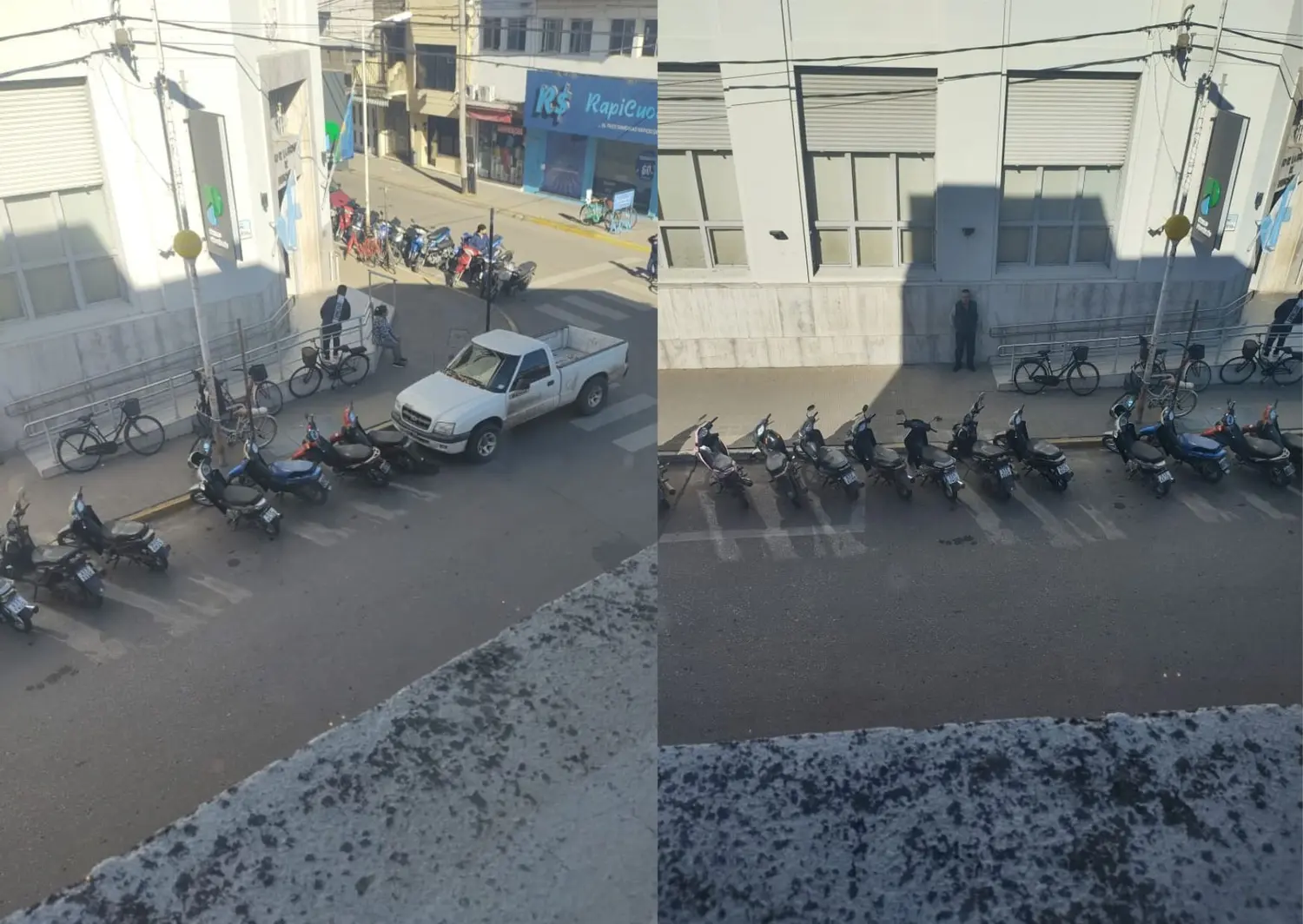 Rampa obstruida por motos y senda peatonal ocupada con una camioneta