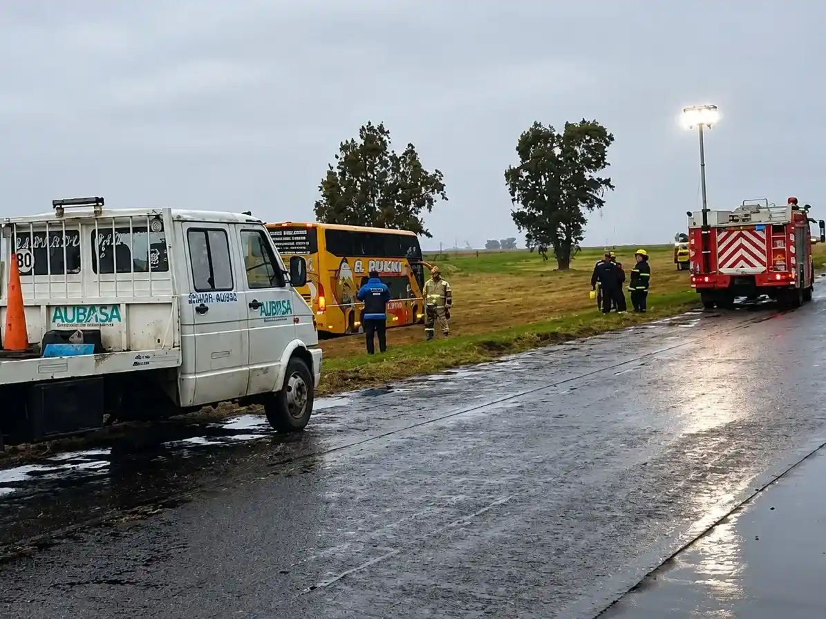 El micro de larga distancia de la empresa El Pulki terminó fuera de la calzada tras despistar en el kilómetro 302 de la Ruta Provincial 2, a la altura del partido de Ayacucho