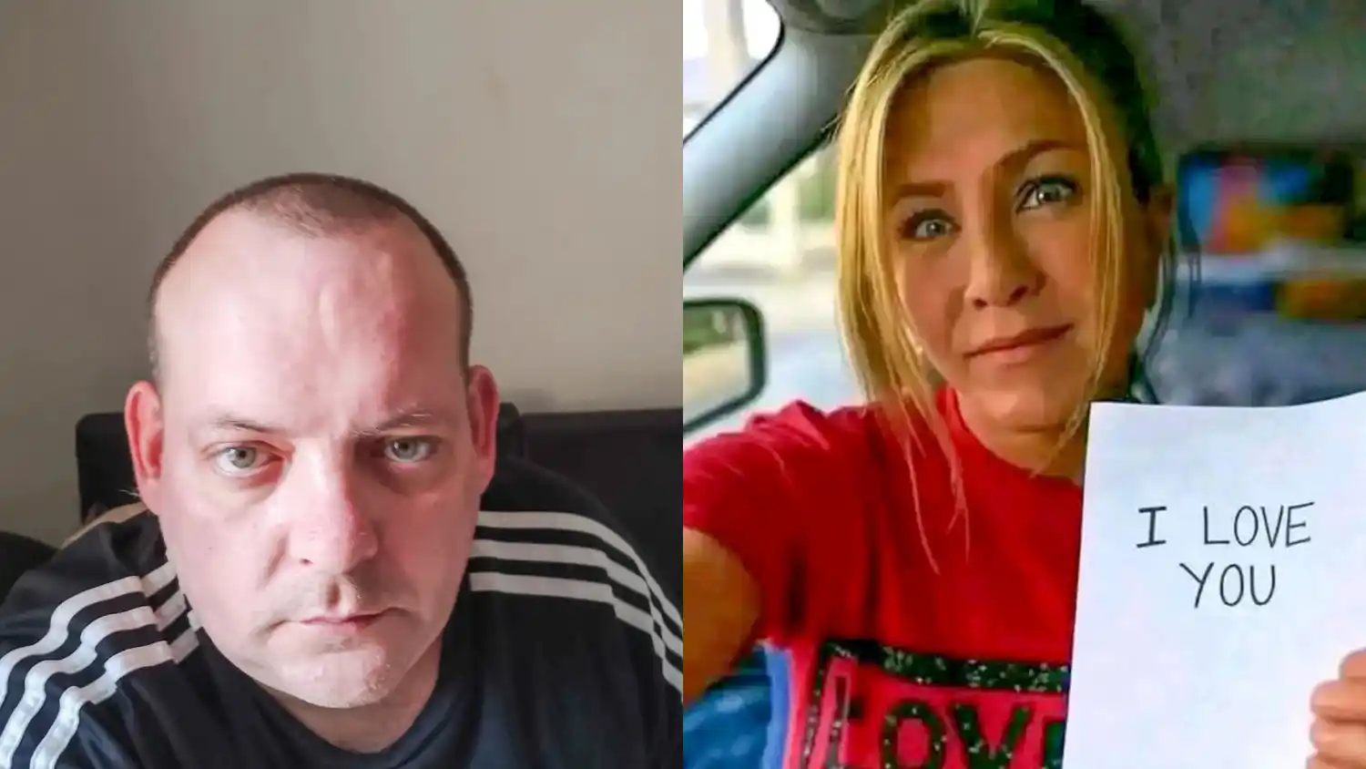 Paul Davis, víctima de estafa, junto a una de las imágenes que le enviaron.