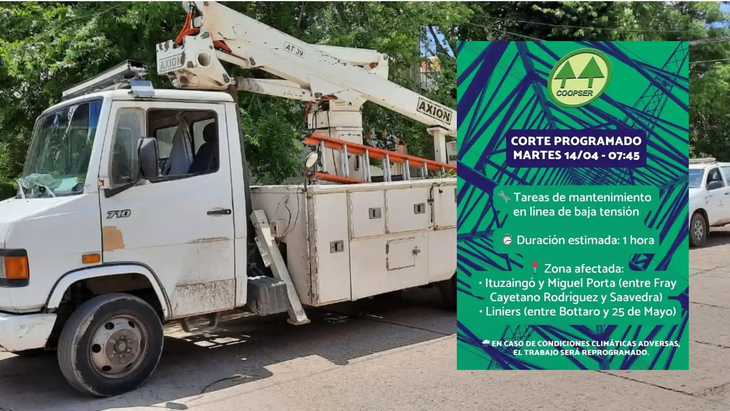 Coopser realizará un corte de energía este martes 14 de abril.