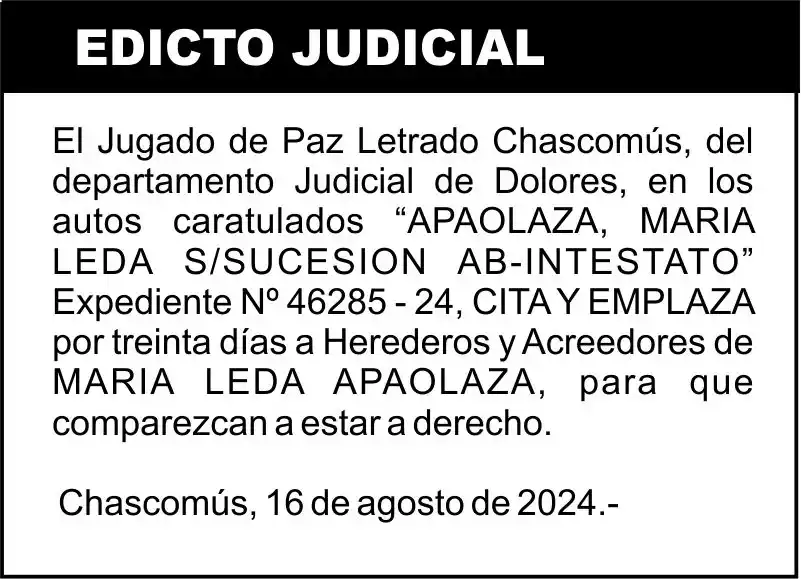 APAOLAZA, MARIA LEDA S/SUCESION AB-INTESTATO