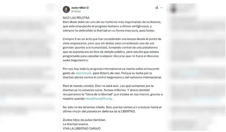 El Presidente Javier Milei defendió a Musk en las redes sociales