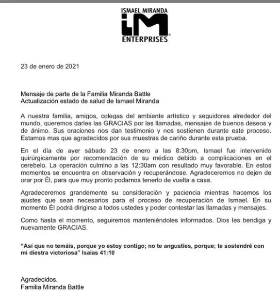 El comunicado de la familia de Ismael Miranda. Foto: Instagram