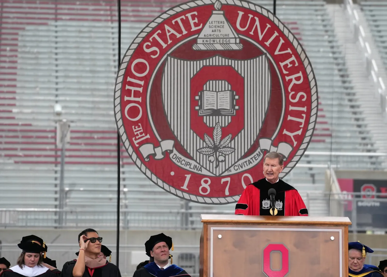 President Ted Carter speaks during the Ohio State spring commencement ceremony at Ohio Stadium in Columbus on Sunday.