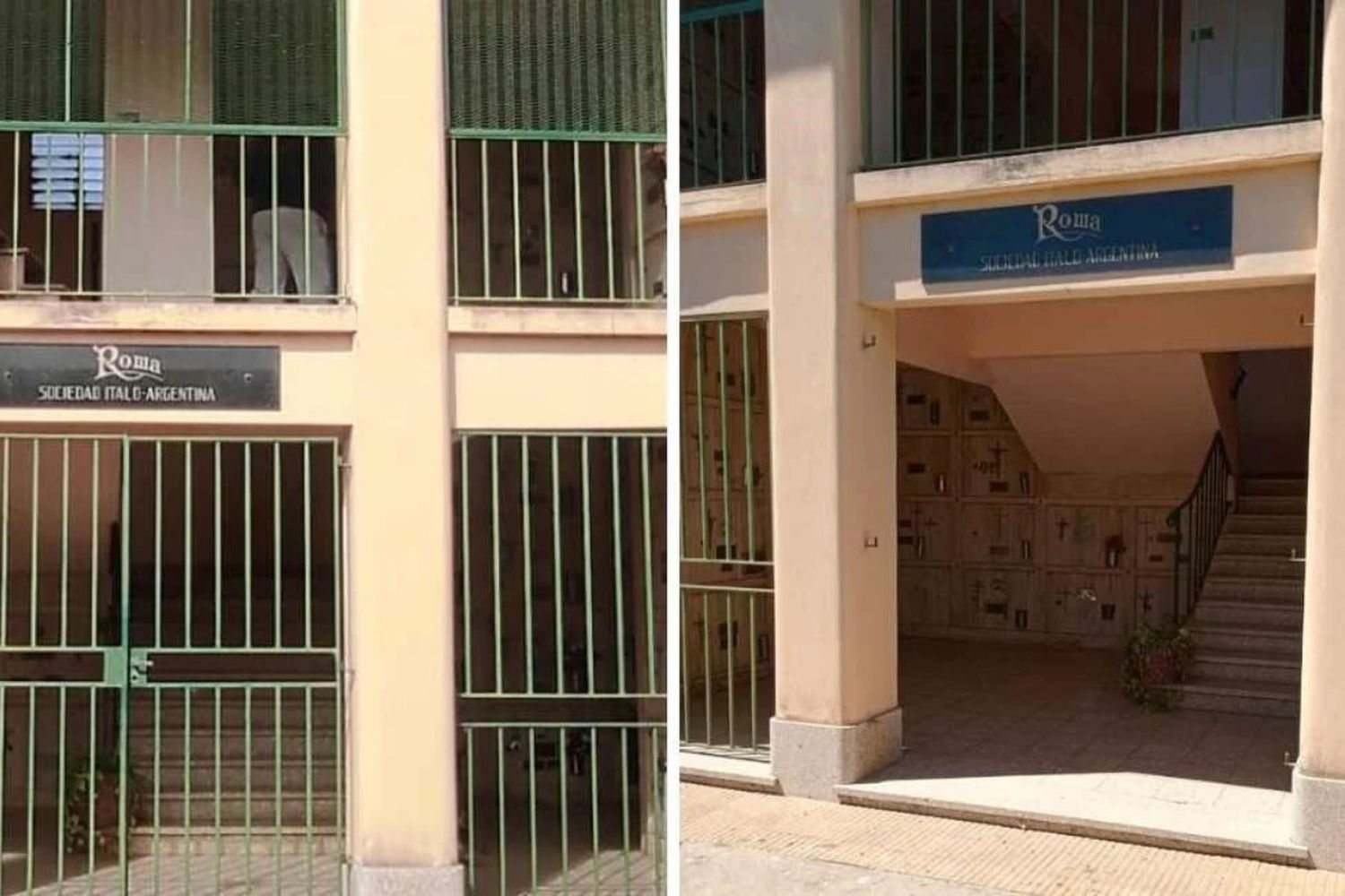 El ingreso al panteón, antes y después del robo.