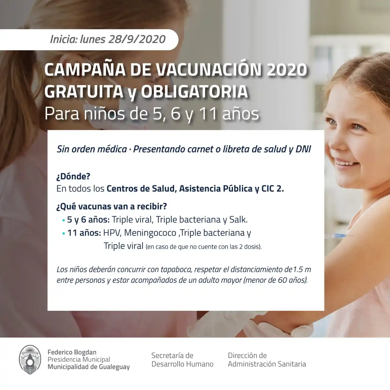 El sábado se vacunara en la Asistencia Pública