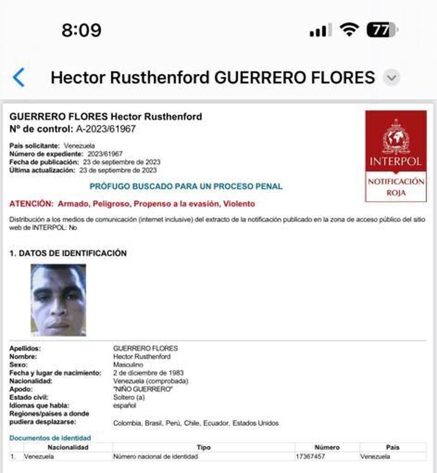 Ficha de Interpol de "Niño Guerrero".