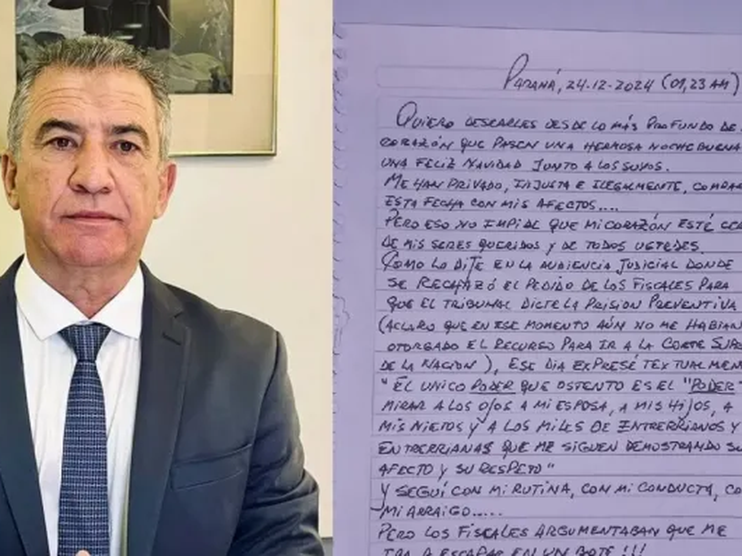 Urribarri escribió una carta desde la cárcel, deseó una “Feliz Navidad” y cuestionó a la Justicia entrerriana