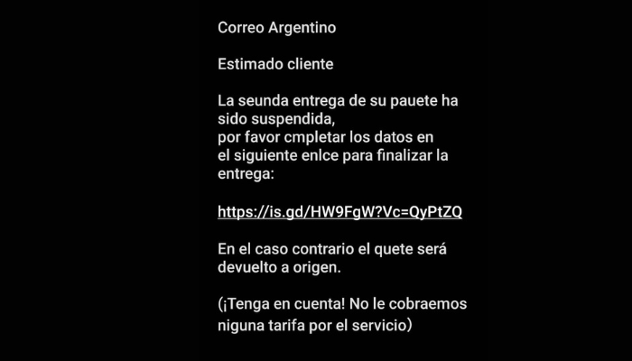 Mensaje fraudulento por WhatsApp
