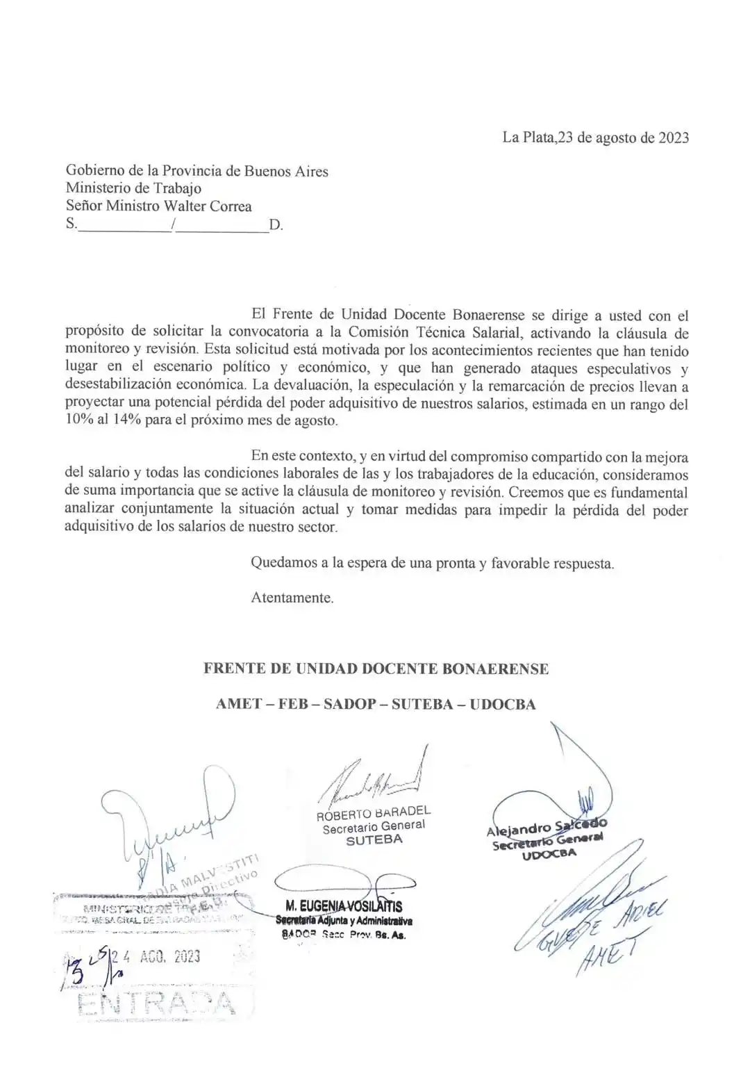 Carta de la FUDB reclamando paritarias