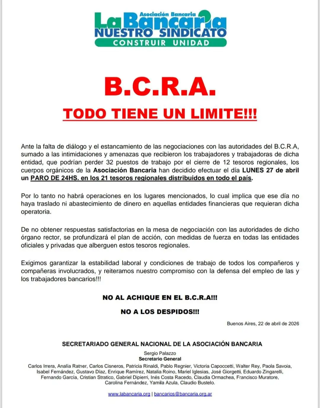 paro de empleados del banco central