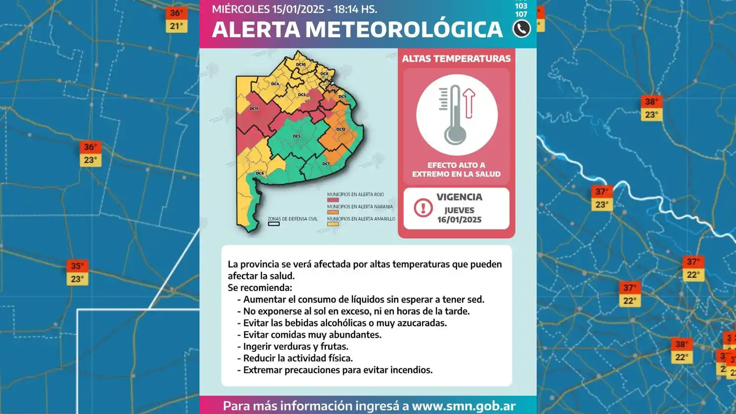 El nuevo mapa de la ola de calor en la provincia de Buenos Aires para el jueves 16.