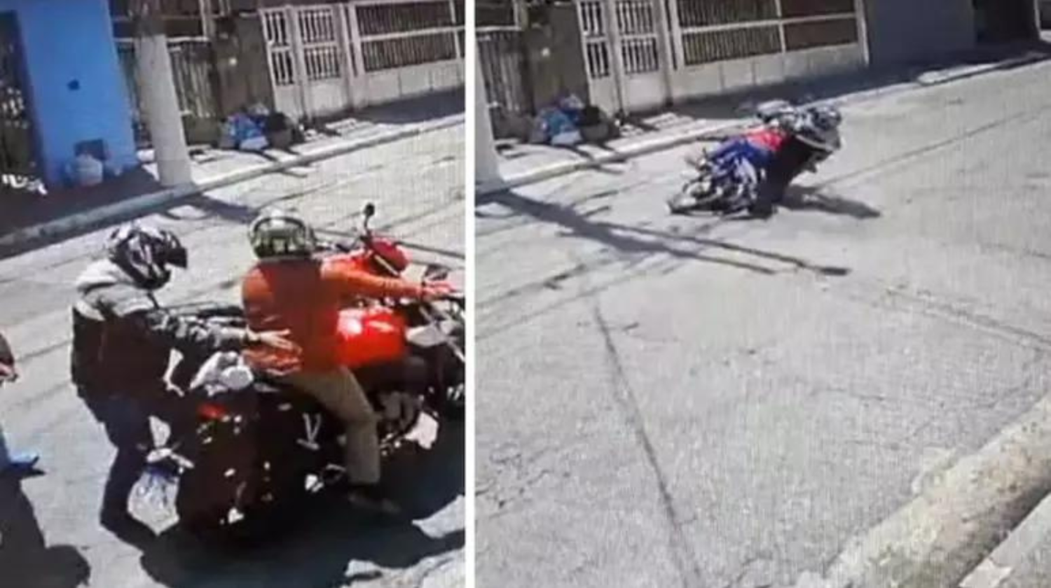 En las imágenes se ve al menor y a otro hombre llegando en la misma moto, acercándose al motociclista.